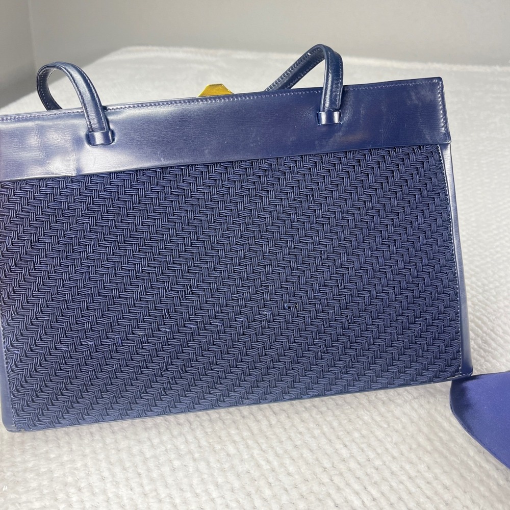 Vintage Mark Cross London Navy‎ Blue Woven Leather Frame Handbag with Coin Purse